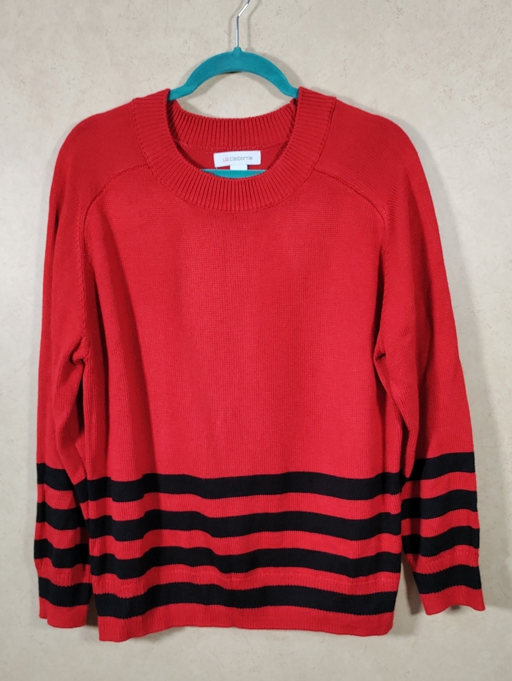 J101 Liz Claiborne Red Crewneck Sweater with Black Stripes XL NEW
